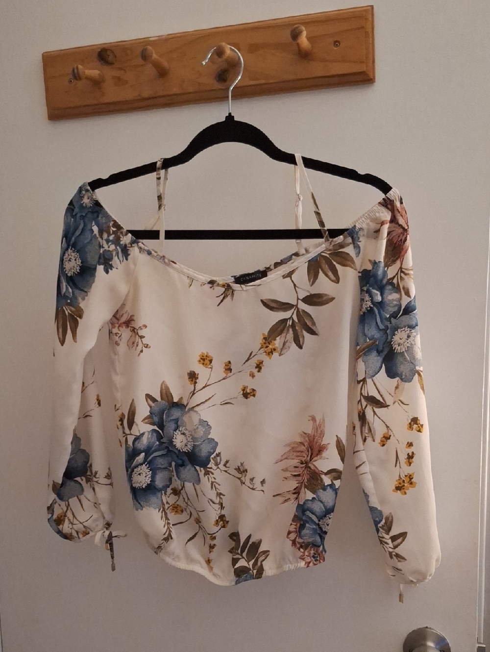 Dynamite Cream Floral Off-Shoulder Top with Blue Blooms